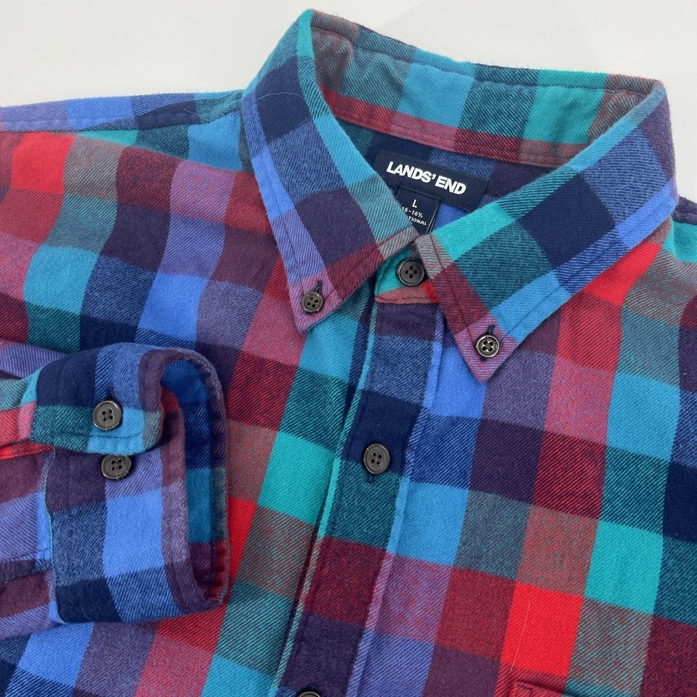 Lands' End Flannel Shirt Men's LARGE 16-16.5 Blue + Red Plaid 100% Heavy Cotton